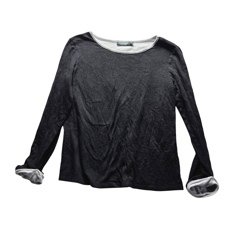 Lauren Ralph Lauren Shirt Womens M Black Scoop Neck Long Sleeve Logo Jersey Top